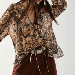 Free People Out For The Night Top Size Large Sheer Black&Brown Snake Print Lace